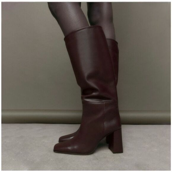 Zara Women’s Oxblood Burgundy Leather Square Toe Below the Knee Block Heel Boot - Picture 1 of 15